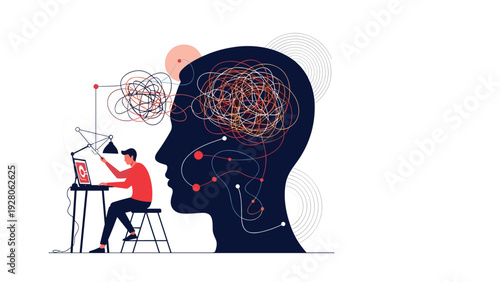 Creative professional working on a laptop computer with a giant head silhouette representing complex thoughts and tangled brain ideas.