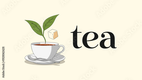 Simple illustration of a steaming cup of tea with a fresh green leaf growing out and a sugar cube falling into it against a warm background.