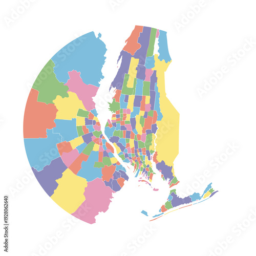 New York City Borough Map with Colorful Districts and Neighborhoods