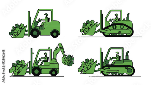 Collection of four green industrial agricultural vehicles like forklifts and tractors carrying lucky green four leaf clovers in scoops.
