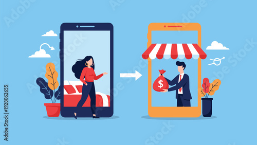 Online shopping and digital transaction concept showing a woman walking from one smartphone screen into another where a man gives her money.
