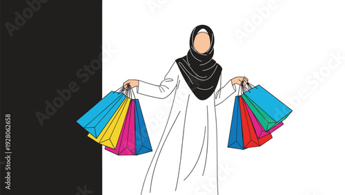 Muslim woman in a black hijab and white dress holding many colorful shopping bags while standing against a black and white background.