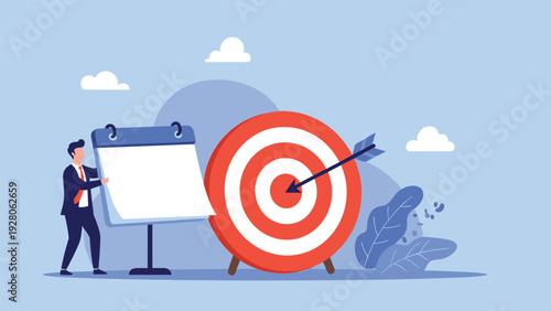 Ambitious businessman holding a large blank calendar next to a giant bullseye target with an arrow in the center for goal setting.