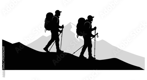 Two hikers with backpacks and trekking poles walk along a mountain ridge