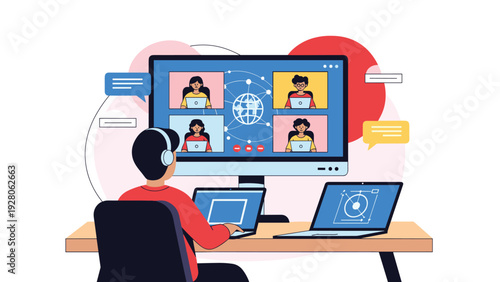 Young man working from home having a virtual video conference meeting with diverse colleagues on multiple computer screens and laptops.