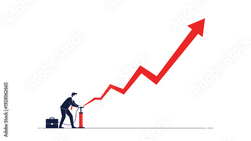 Tiny corporate businessman using a red hand pump to inflate a giant upward pointing arrow graph representing business growth and success.