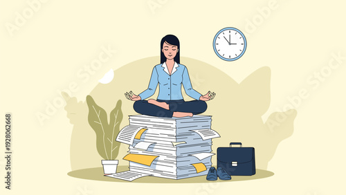 Calm businesswoman practicing yoga and meditation sitting on a huge pile of paperwork to manage work stress and keep a clear mind.