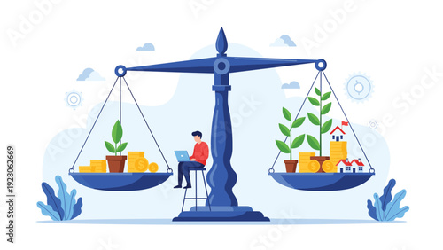 Professional man sitting on a tall ladder between the scales of a giant balance trying to choose between saving or investing money.