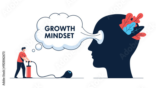 Man using a hand pump to inflate a growth mindset thought bubble coming from a large head silhouette to improve mental development.