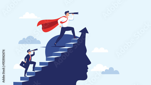 Two professional businessmen climbing stairs on a giant head silhouette and looking through telescopes for new market opportunities.