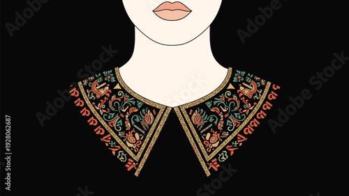 Detailed illustration of an ornate ethnic pattern on a collar of a garment worn by a person with a focus on traditional embroidery art.
