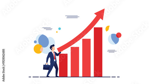 Strong businessman lifting the end of a red rising bar graph to ensure constant profit growth and financial success in a competitive market.
