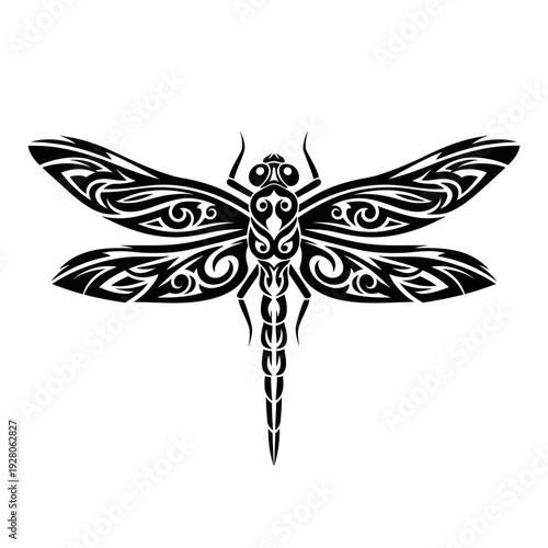 Tribal Dragonfly Tattoo Design - Black and White Vector Art