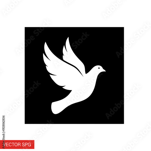 White Dove Silhouette Icon on Black Background, Symbol of Peace, Freedom, Hope