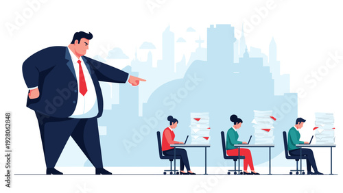 Angry boss in a suit pointing at employees working at their desks with stacks of paperwork, depicting a toxic work environment and pressure.