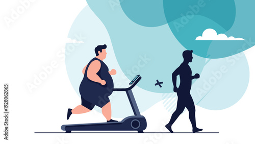 Overweight man running on a treadmill with his slim shadow running ahead of him, representing weight loss goals and fitness transformation.