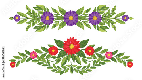 Beautiful floral border designs with purple and red flowers surrounded by lush green leaves on a plain white background for card decoration.
