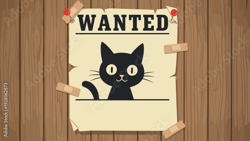 Wanted poster for a cute black cat with big eyes pinned to a wooden fence with tape and thumbtacks, creative pet-themed street illustration.
