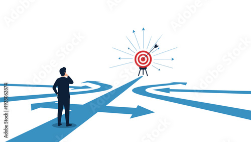 Businessman standing at a crossroad of multiple arrows looking towards a distant target, representing critical decision making and goals.