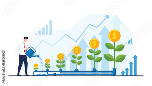 Business professional watering plants with dollar coins growing in size against a backdrop of financial growth charts and rising bars.