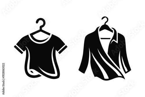 Hanging T-Shirt Vector Collection – Black White Line Art of Shirt, Polo and Blouse on Hanger
