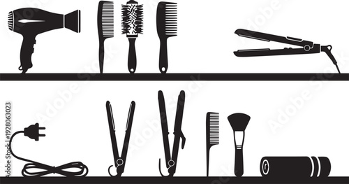 Black silhouettes of various hairdressing tools on shelves, including hair dryers, combs, brushes, straighteners, and scissors.