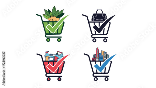 Four shopping carts with green checkmarks containing plants, handbags, healthcare products, and real estate icons for diverse consumer needs.