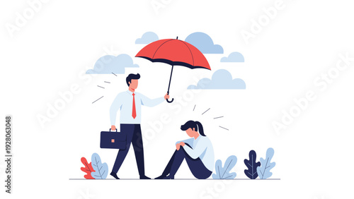 Kind businessman holding a red umbrella over a sad woman sitting on the ground to show compassion, support, and mental health care.