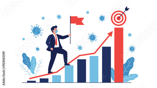 Masked businessman climbing a rising bar chart toward a target bullseye while navigating through floating coronavirus pandemic particles.