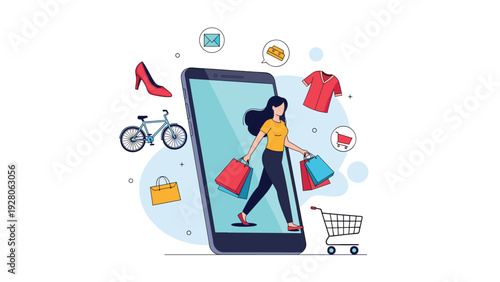 Fashionable woman carrying colorful shopping bags walking out of a large smartphone screen to represent online retail and e-commerce.