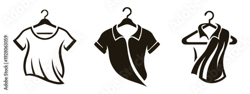 T-Shirt on Hanger Vector Set – Black and White Silhouettes, Polo & Blouse Included