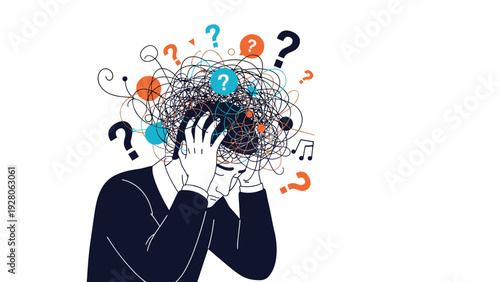 Man holding his head in distress with chaotic scribbles and question marks representing mental confusion, stress, and anxiety.