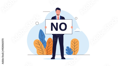 Serious businessman in a formal suit holding a large white sign with the word NO written in bold capital letters.