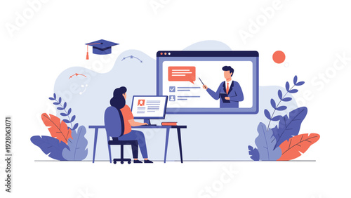 Woman sitting at a computer desk attending an online webinar or virtual classroom lecture with a graduation cap icon in the background.