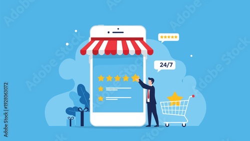 Businessman giving a five star rating on a large smartphone screen with a shopping cart and customer service symbols nearby.
