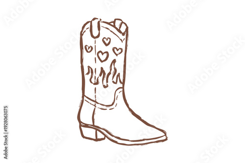 Hand drawn western clipart brown cowboy boot with hearts on the shaft western