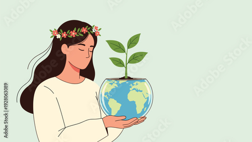 Serene woman with a flower crown holding a glass globe with a green plant growing inside to advocate for environmental protection.
