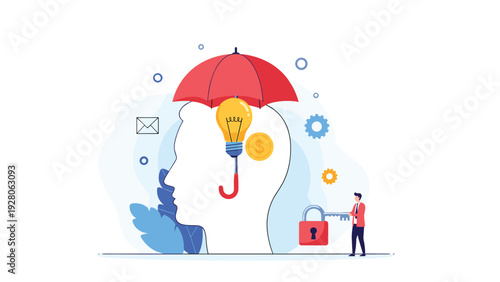 Human head profile with a light bulb idea protected by an umbrella and a professional unlocking a secure padlock nearby.