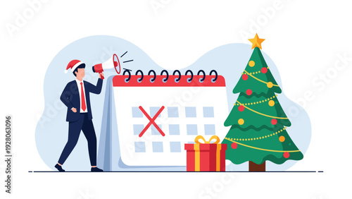 Professional businessman in a santa hat using a megaphone to announce holiday sales next to a calendar and a christmas tree.
