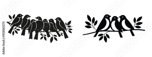 Birds on Branch Silhouette Set, Vector Illustration Isolated on White Background