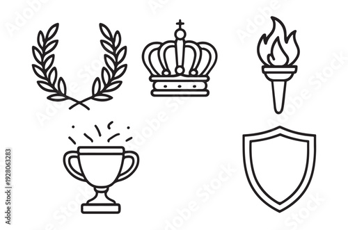 Line art depicting a crown laurel wreaths flame trophy and shield