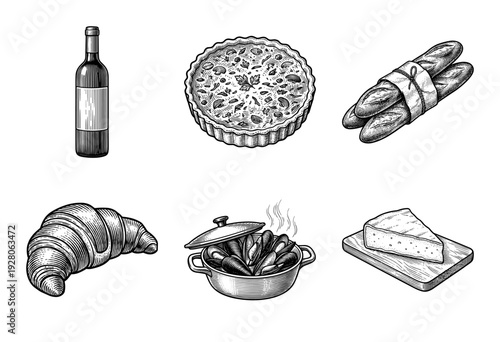 Set of hand drawn monochrome illustrations of French cuisine including wine, quiche, baguette, croissant, mussels, and cheese in a vintage woodcut engraving style.