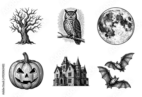 Set of vintage Halloween illustrations in black and white woodcut style featuring haunted house, owl, pumpkin, moon, bats, and dead tree.