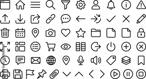 Set of 64 Black Outline Basic User Interface Icons Vector