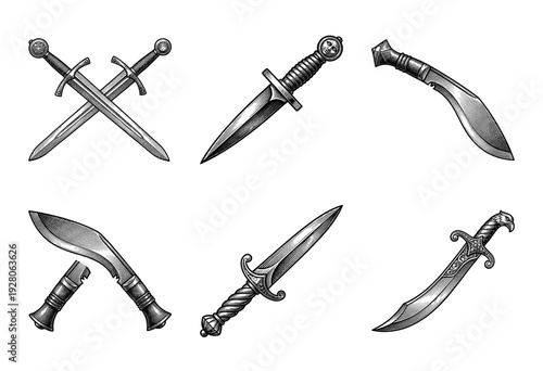 Collection of vintage hand drawn historical bladed weapons including crossed longswords daggers kukri knives and ornate scimitar in woodcut engraving style