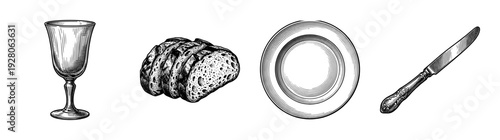 Vintage woodcut style illustration of dinnerware set including wine goblet sliced bread plate and ornate table knife