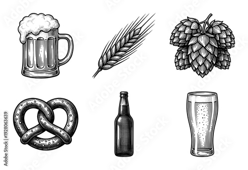 Vintage brewery collection featuring hand drawn engravings of beer mugs bottles hops wheat and a pretzel in a classic woodcut style.