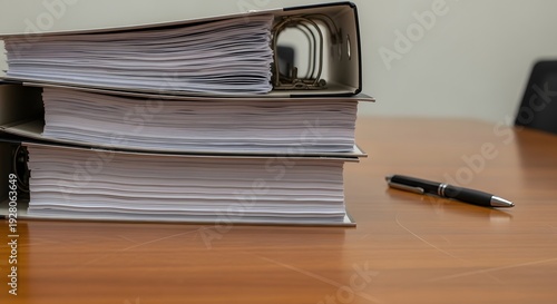 Stack of business documents on desk with pen, representing paperwork management, compliance documentation and corporate record keeping.