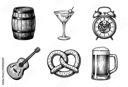 Vintage woodcut style collection of objects including a beer mug pretzel alarm clock acoustic guitar cocktail and wooden barrel.