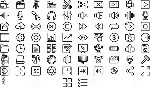 Set of 60 Black Outline Video Editing and Production Icons Vector